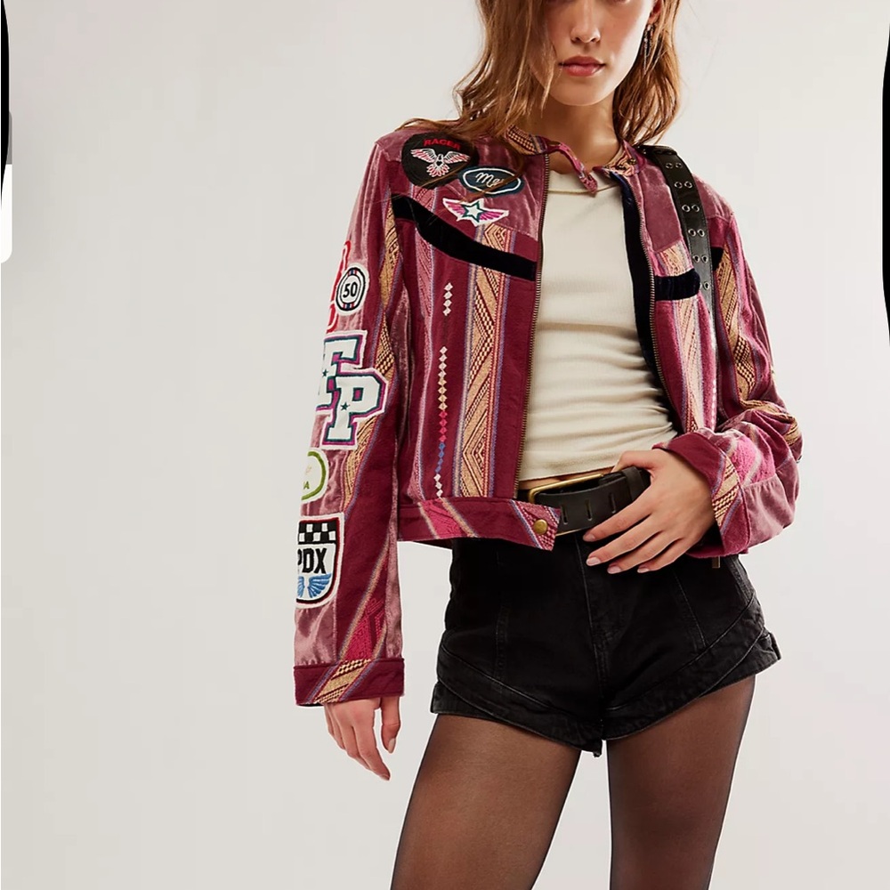 Free People Pink Embroidered Varsity Jacket